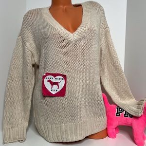 Victoria’s Secret PINK M L Logo Fuzzy Sweater V-Neck Knit Plunge Tan Super Soft